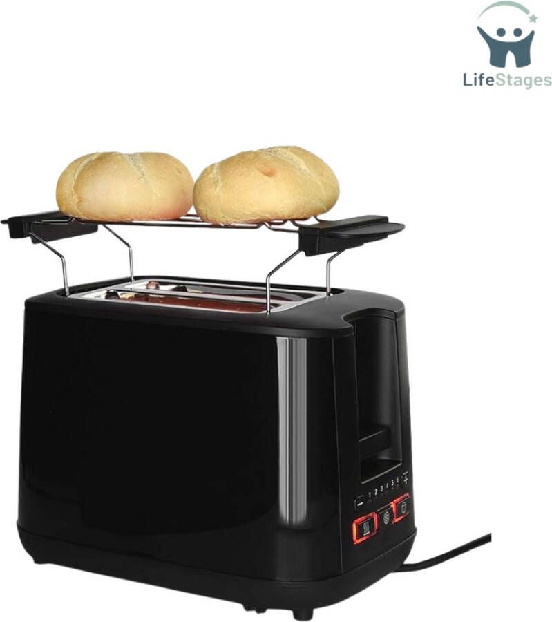 LifeStages Broodrooster met Tostiklemmen -Broodrooster met Dubbel Rek Met Broodjesopzetstuk en 2 Extra Grote Toastsleuven 6 Standen voor Toast Perfectie 1000 W Zwart