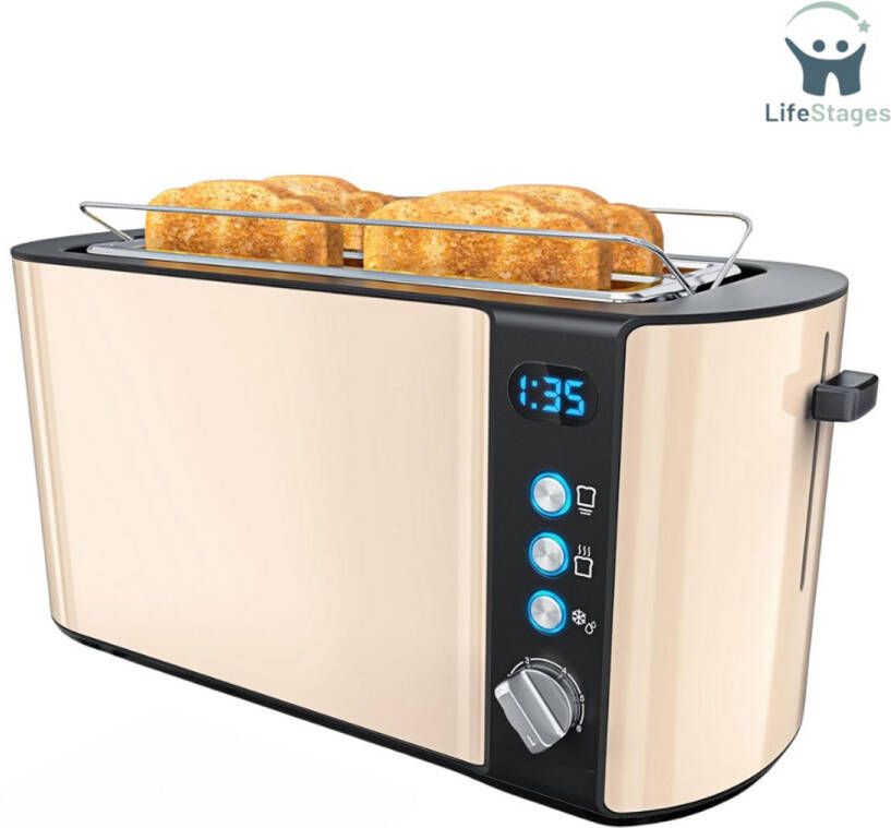 LifeStages Broodrooster met Tostiklemmen Broodrooster Met Opzetstuk Voor Tosti's Automatisch Broodrooster Met Lange Sleuf Met 6 Bruiningsstanden Ontdooi- En Warmhoudfunctie Automatische Uitschakeling Liftfunctie Inclusief Kruimelplaat