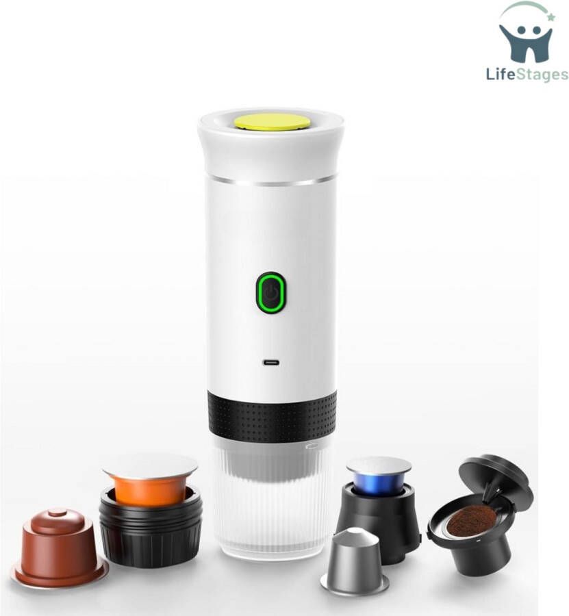 LifeStages Draagbare Koffiemachine 3-in-1 Draagbare Koffiezetapparaat Draadloze Elektrische Zelfverwarmende-Capsules-Pods Espresso voor Auto Thuis Kantoor Kamperen Reismaker 3in1 (Wit)
