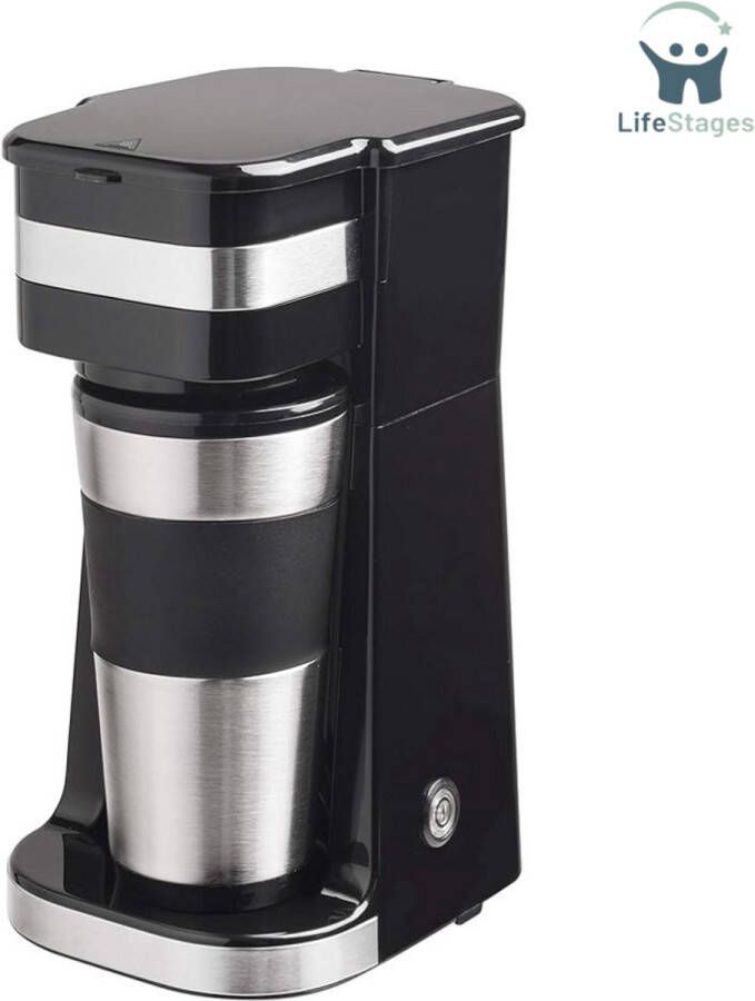 LifeStages Draagbare Koffiemachine Koffiezetapparaat met Thermosbeker 2 Grote koppen 750W RVS Zilver Zwart