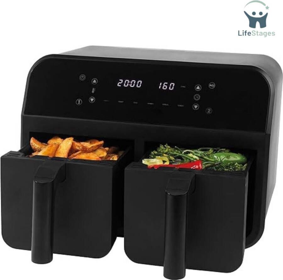 LifeStages Dubbele Airfryer Anti-Aanbaklaag Synchroniseer & Match Kookfunctie Digitaal LED-Scherm Met 6 Voorkeurszenders Zwart