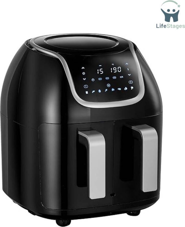 LifeStages Dubbele Airfryer Dubbele Mand Vaatwasserbestendig Aanraakscherm 2 Aparte Manden Zwart