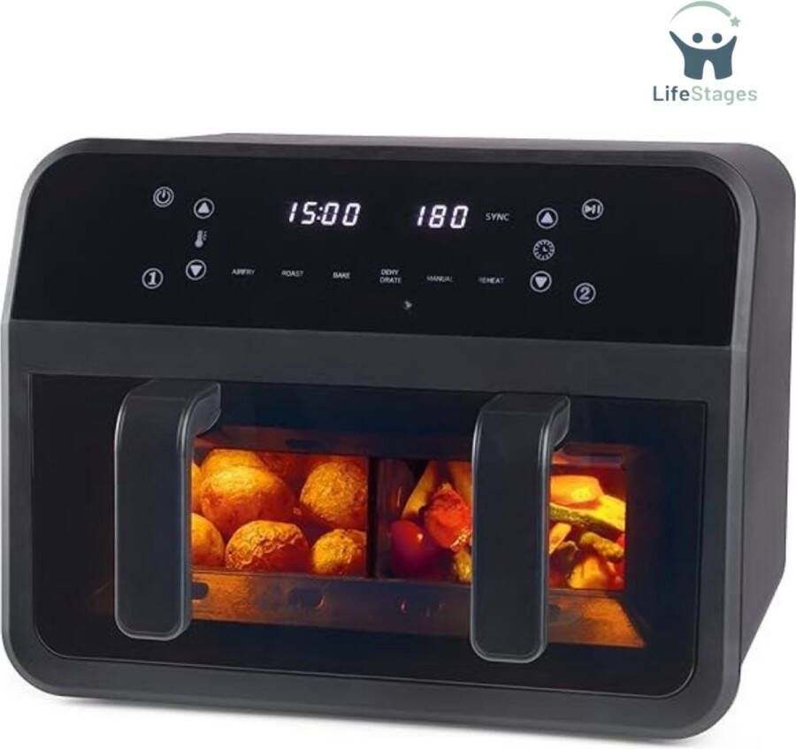 LifeStages Dubbele Airfryer Friteuse Met Dubbele Weergave Bak Met Anti-Aanbaklaag En Verwijderbaar Tussenschot Capaciteit Voor Grote Gezinnen Digitaal LED-aanraakscherm 6 Functies Zwart