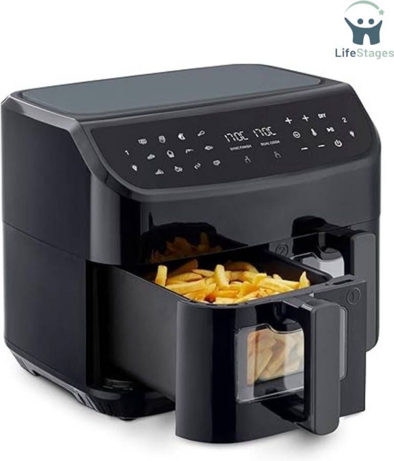 LifeStages Dubbele Airfryer Heteluchtfriteuse Met 2 Kamers Dual Cook & Sync Finish-Functie 9 Automatische Programma's Zwart