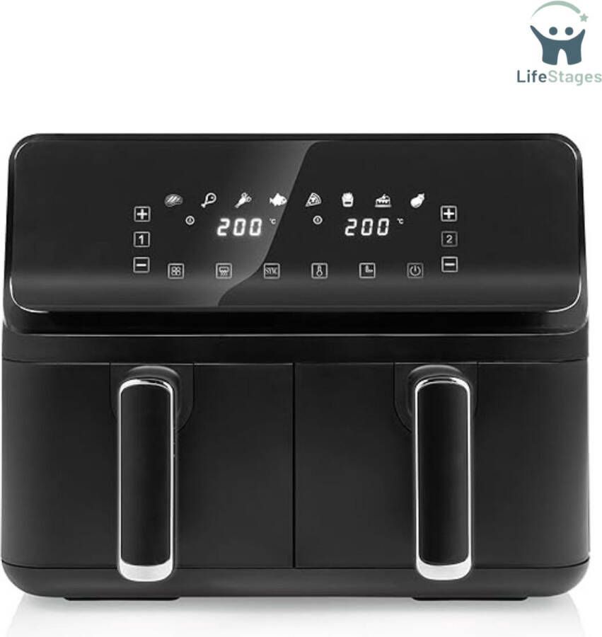 LifeStages Dubbele Airfryer Met Dubbele Mand Instelbare Temperatuur Per Mand 8 Programma's Zwart