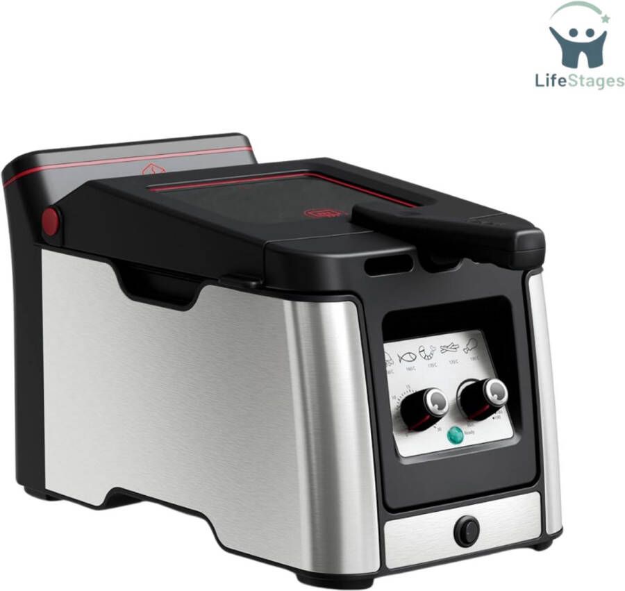 LifeStages Friteuse 3 liter 3 5L Friteuse Minder Rook En Geur XL Anti-Fog Kijkvenster Vaatwasmachinebestendige Onderdelen Instelbare Temperatuur 30 Minuten Timer Veilig Grote Capaciteit Zilver Zwart