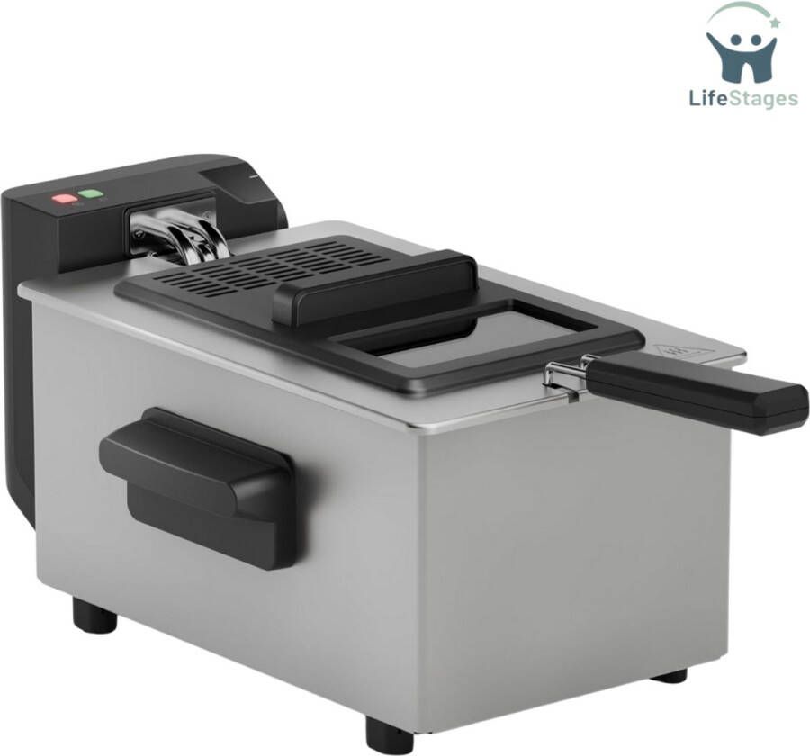 LifeStages Friteuse 3 liter Friteuse 3L Koele Zone Regelbare Thermostaat Tot 190°C Vaatwasbestendige Onderdelen Kijkvenster Snoeropberging Oververhittingsbeveiliging Compact Ontwerp Zilver