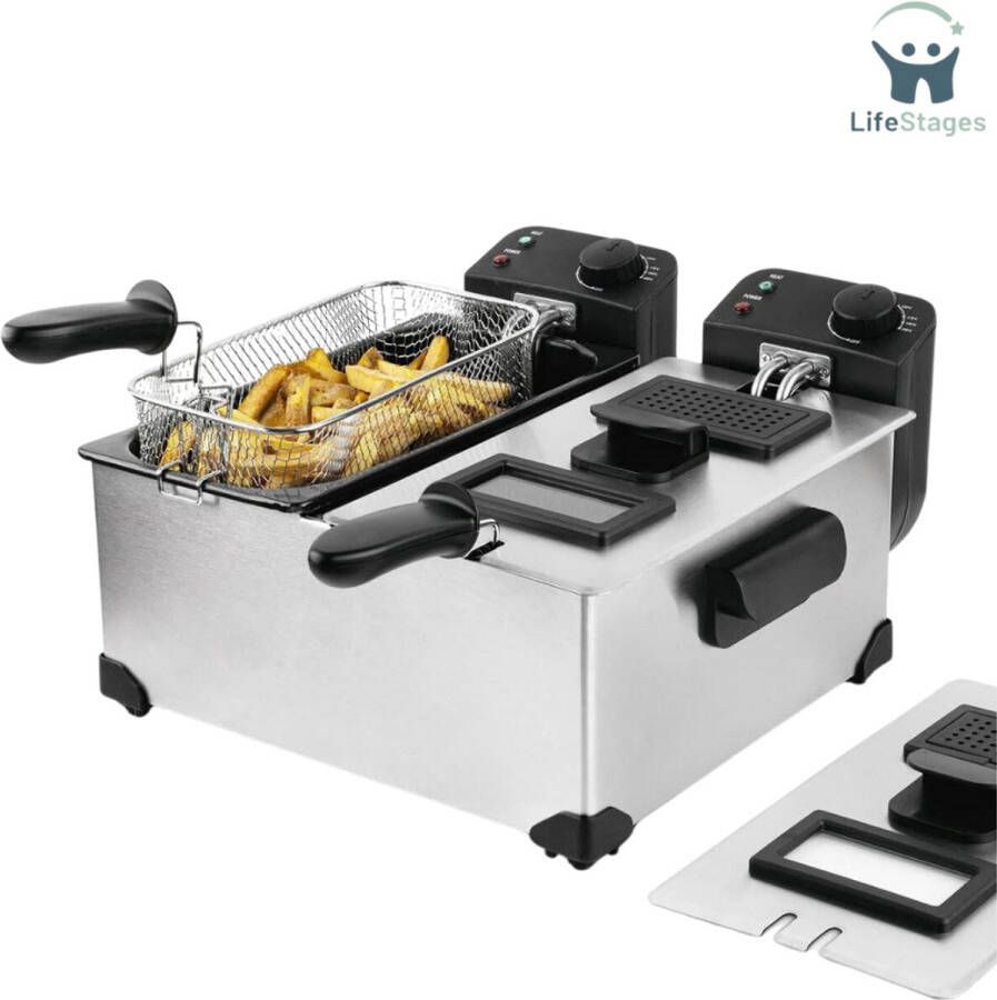 LifeStages Friteuse 3 liter Roestvrijstalen Friteuse Met Dubbele Kuip 2 Onafhankelijke Thermostaten Elk 3 L Uitneembare Korven Vaatwasmachinebestendig Geurfilter Oververhittingsbeveiliging Grijs