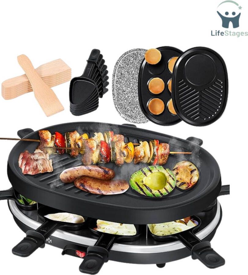 LifeStages Gourmetstel 8 Personen 3-in-1 Raclette-grill met Natuurgrillsteen Grillplaat en Pannenkoeken Tafelgrill voor 8 personen Elektrische Grill met Antiaanbaklaag 8 Pannen en Houten Spatels