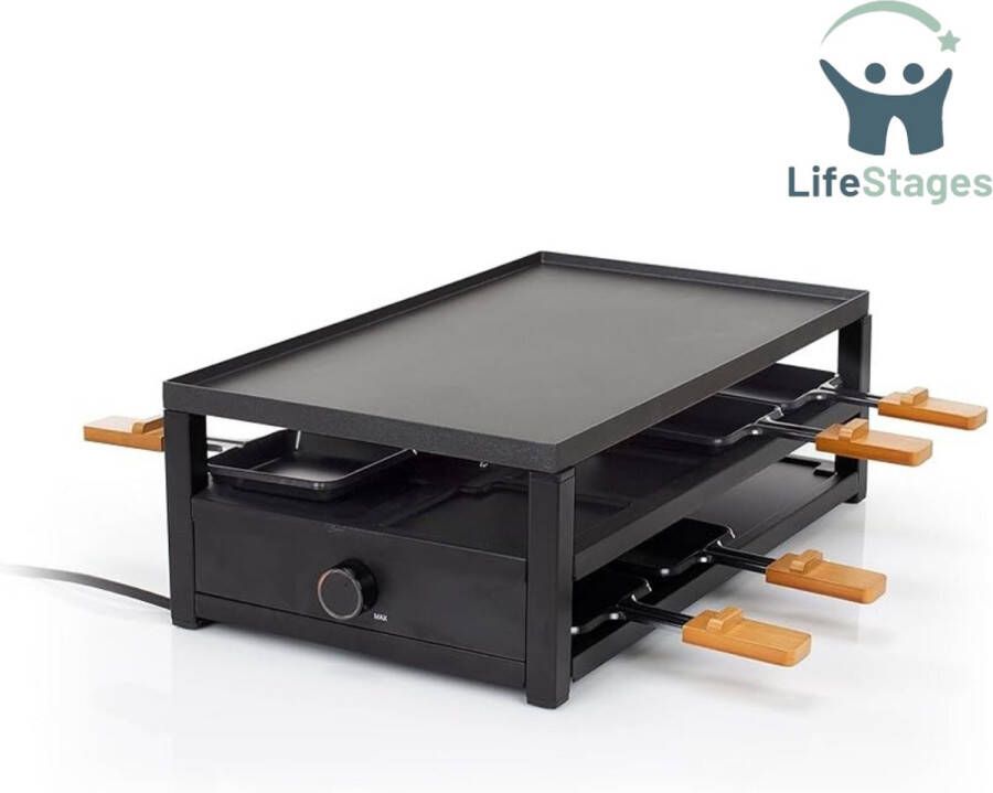 LifeStages Gourmetstel 8 Personen Raclette Black Steel Groot kookoppervlak 44 x 25 cm