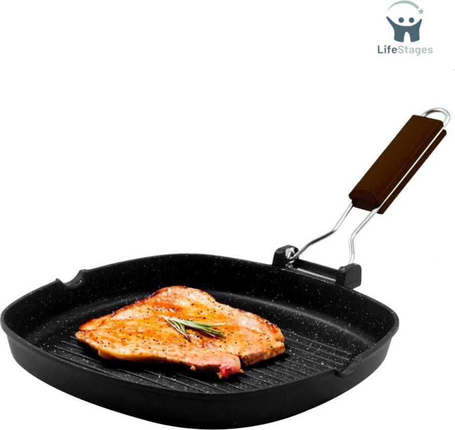 LifeStages Grillplaat Inductie Grillpan 20 x 20 cm Grillplaat Van Gegoten Aluminium Met Hoge Dikte Grillplaat Voor Inductiekookplaten Inklapbare Handgreep