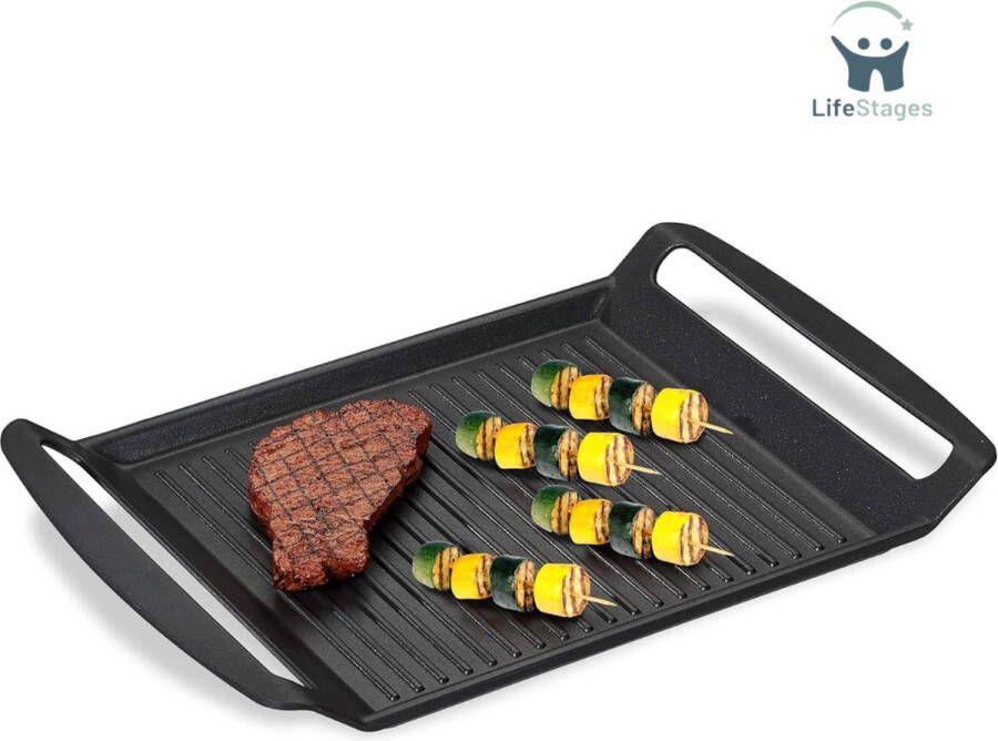 LifeStages Grillplaat Inductie Grillplaat gas & Elektrische Kookplaat Vlees Groenten Vis Grillen Antiaanbaklaag Grillpan Antraciet 3 7 x 26 x 39 cm