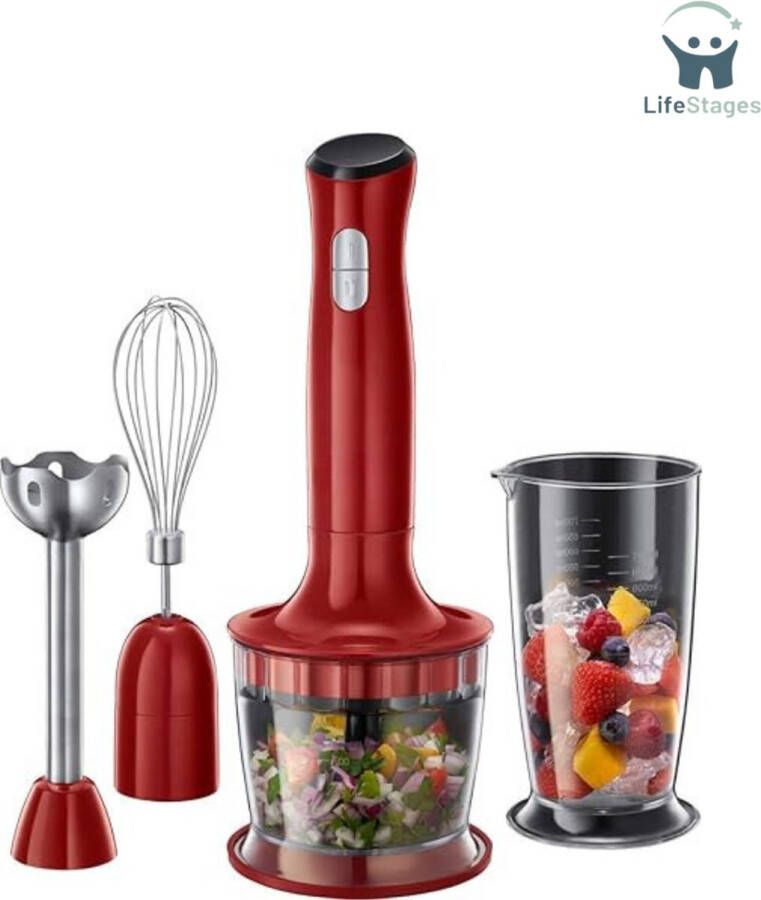 LifeStages Hand Blender 3-in-1 Staafmixer Ergonomisch Handvat Gemakkelijk Schoon Te Maken Rood