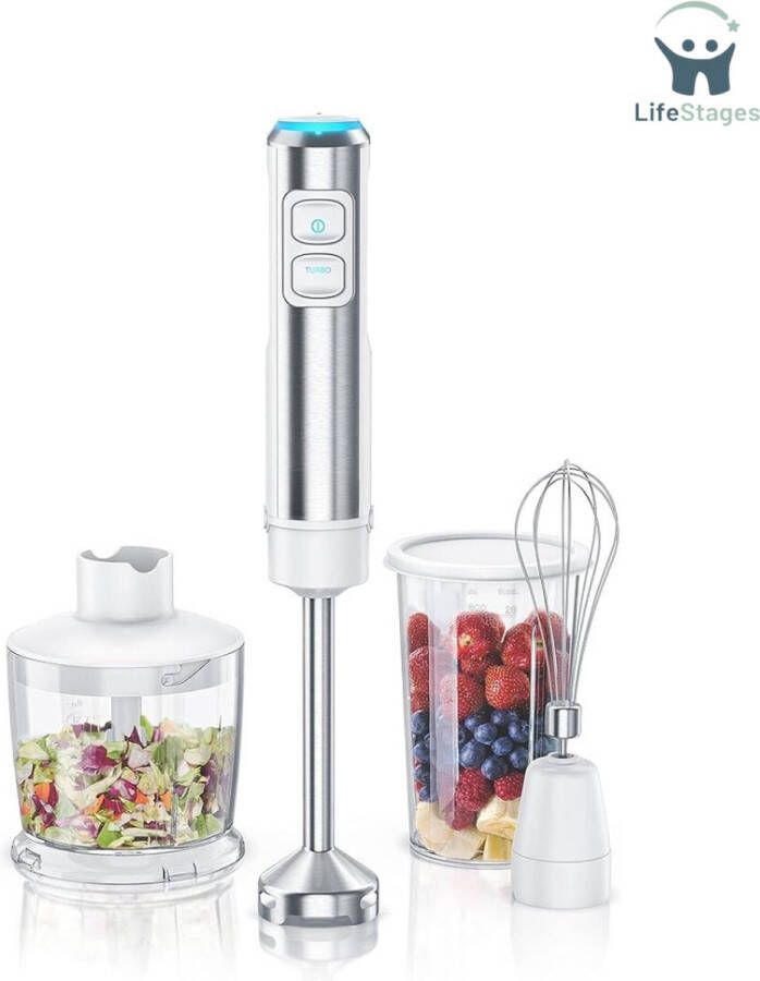 LifeStages Hand Blender Staafmixer Roestvrij Staal 2 Snelheidsinstellingen Verwijderbare Roestvrijstalen Mengbasis Wit