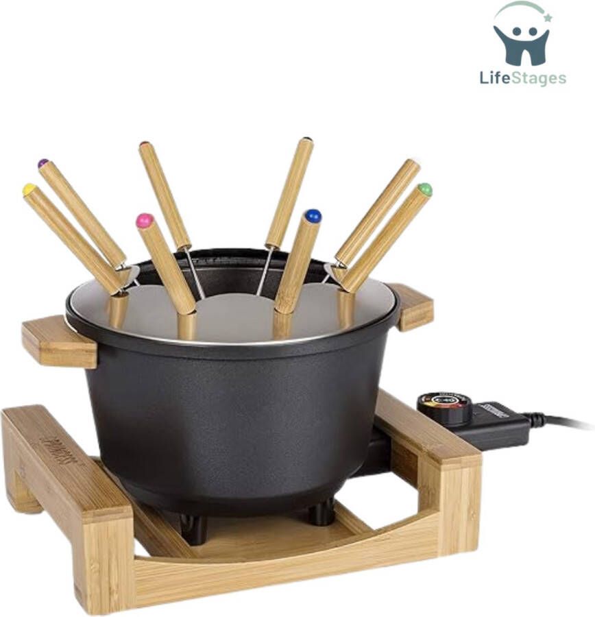 LifeStages Kaasfondue Set Elektrisch Elektrische Fondueset voor Maximaal 8 Personen met 8x Fonduevorken en Traploze Thermostaat 1.5L Volume Geschikt voor 8 personen Zwart Bamboe