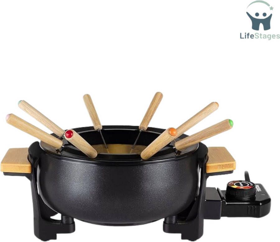LifeStages Kaasfondue Set Elektrisch Elektrische Fondueset voor Maximaal 8 Personen met 8x Fonduevorken en Traploze Thermostaat 1.5L Volume Geschikt voor 8 personen Zwart Bamboe