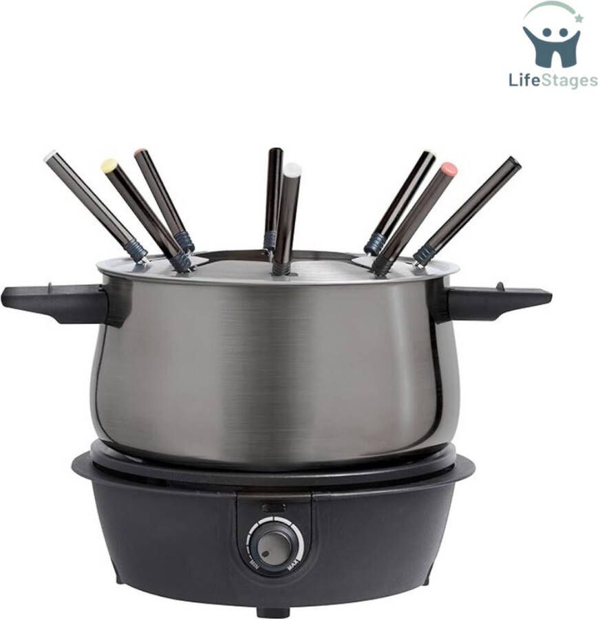 LifeStages Kaasfondue Set Elektrisch Elektrische Fondueset voor Maximaal 8 Personen met 8x Fonduevorken en Traploze Thermostaat Incl. Spatbescherming Titaniumgrijs