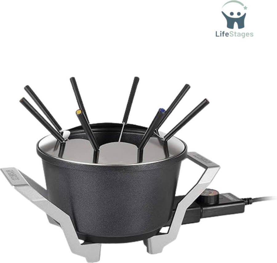 LifeStages Kaasfondue Set Elektrisch Elektrische Fondueset voor Maximaal 8 Personen met 8x Fonduevorken en Traploze Thermostaat 1.5L Volume Geschikt voor 8 personen Zwart