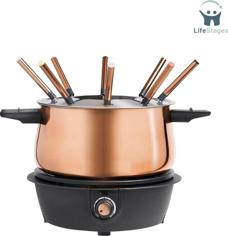 LifeStages Kaasfondue Set Elektrisch Fondueset voor 8 Personen Elektrische Fondue met Traploze Temperatuurregelaar Vaatwasmachinebestendig met Spatbescherming Koper