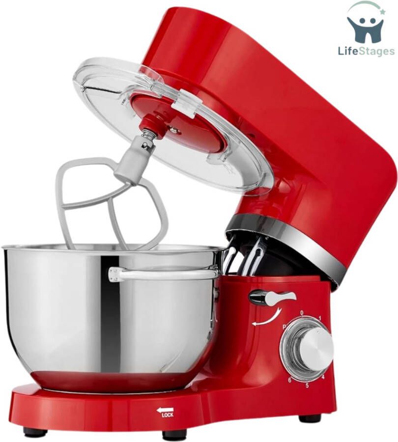 LifeStages Keukenmachines & Mixers Keukenrobot 1500 W Kneedmachine Met 2 Roestvrijstalen Mengkommen Van 4 5 En 5 Liter Geluidsarme Keukenmixer Met Roerhaak Kneedhaak Knopbezem En Spatbescherming 6 Snelheden Rood