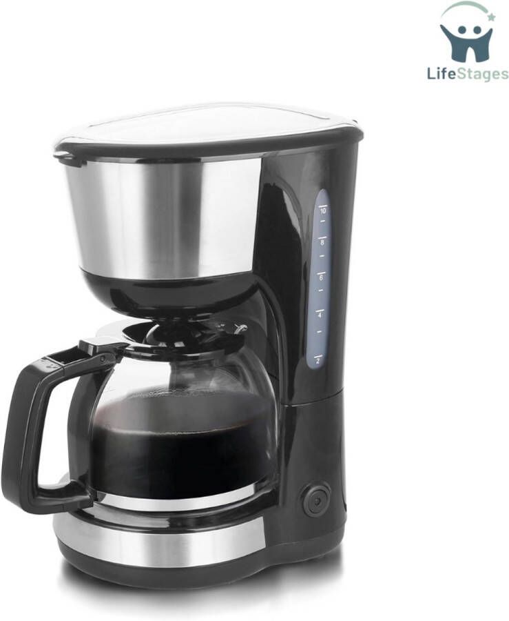 LifeStages Koffiezetapparaat Met Thermoskan Filterkoffiezetapparaat 1 25 L Voor Tot 10 Koppen Verse Koffie Verwijderbaar Permanent Filter Antidruppelfunctie Glazen Koffiepot Automatische Uitschakeling 1000 Watt