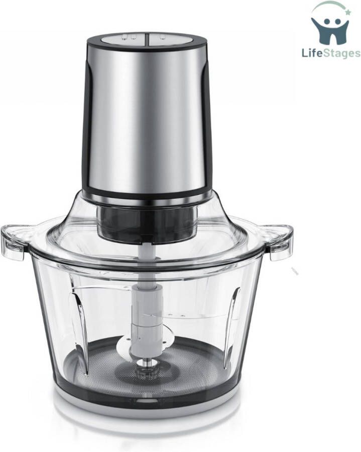 LifeStages LfieStages Hakmolen Power Chopper 400 Watt met glazen kuip van 1 5 liter Elektrische Multi-hakmolen Krachtige universele hakmolen 4 roestvrijstalen bladen 2 snelheidsniveaus Power Chopper