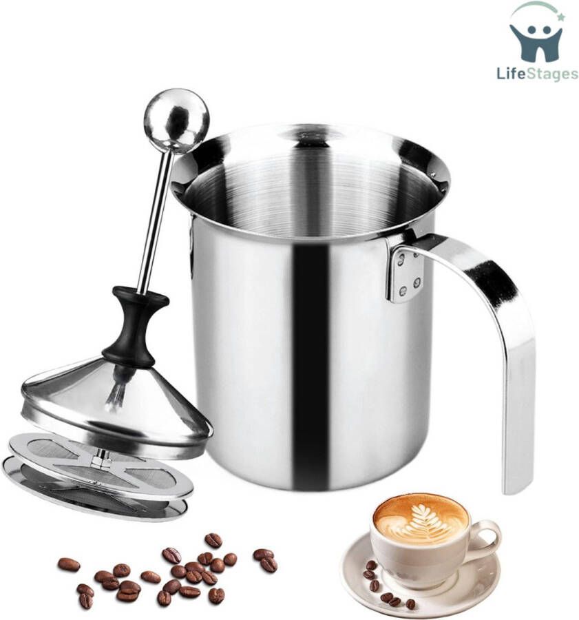 LifeStages Melkopschuimer Handmatig 400ml Roestvrij Staal Handmatige Dubbelmazige Melkopschuimer 304 Roestvrij Staal Hand Melkopschuimer Speciaal Drukmechanisme Melkschuimer voor het Maken van Koffie en Cappuccino Schuimmelk
