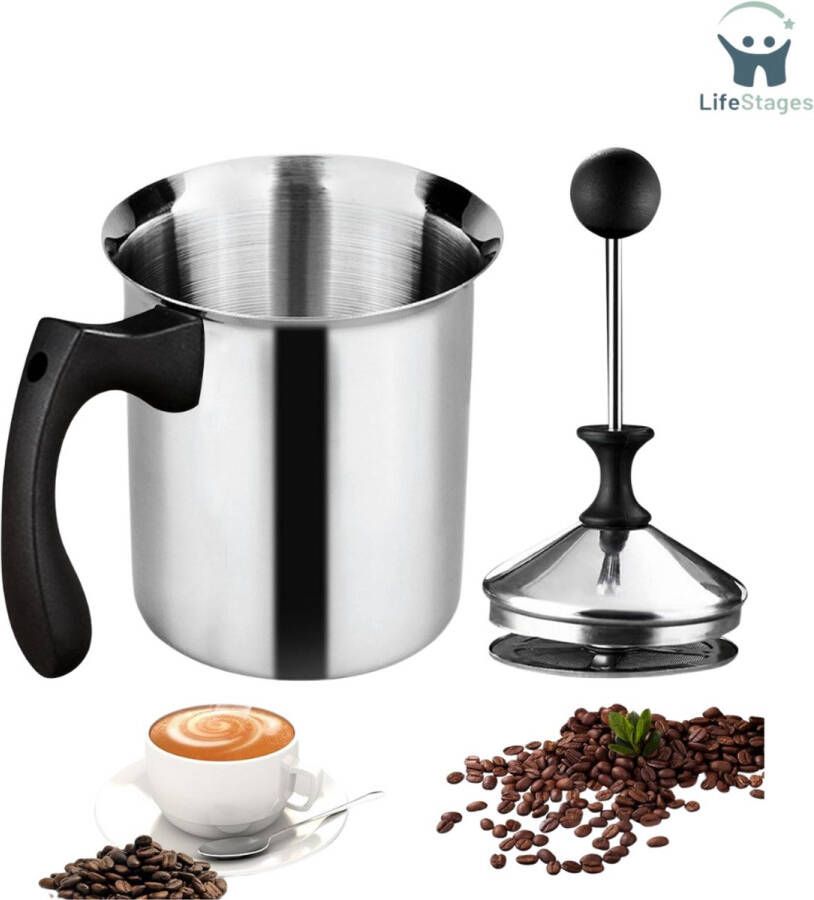 LifeStages Melkopschuimer Handmatig Handmatige Melkopschuimer 800 ml Roestvaststalen Melkopschuimer 11 x 11 x 20 cm Melkopschuimer met Handpomp voor Koffiezetten Cappuccino Melkschuim Zwart