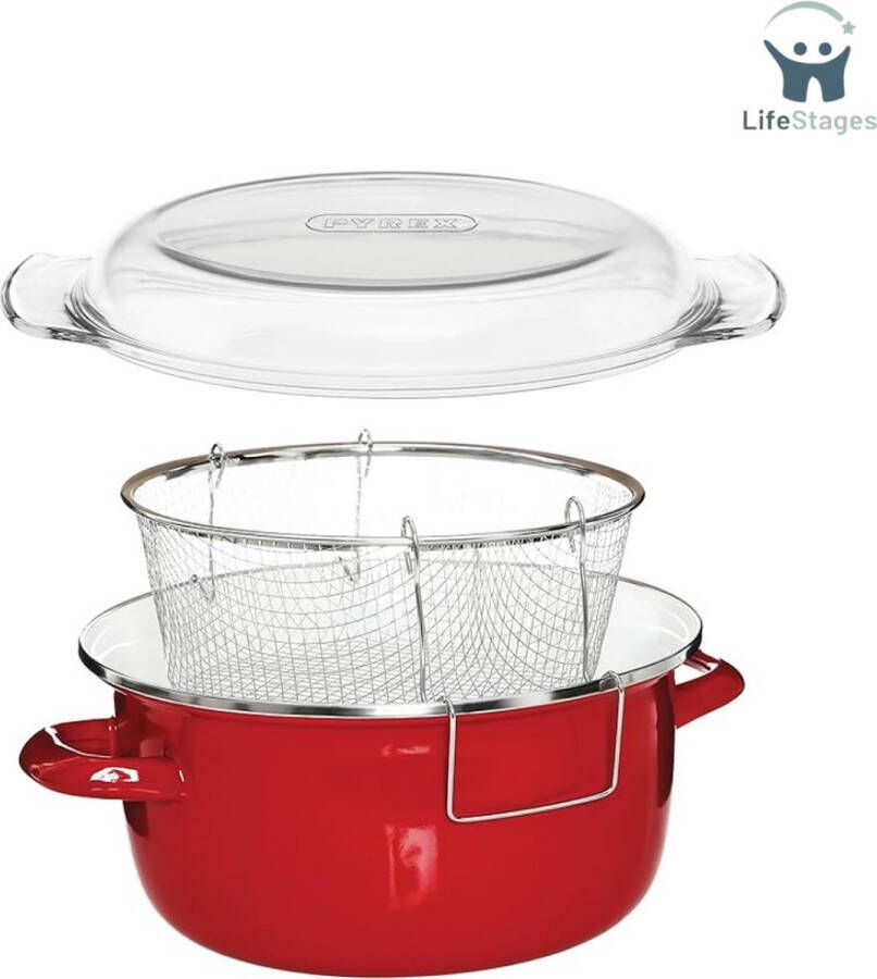 LifeStages Oliebollenpan Huisraad 5L Friteuse Enamel Chip Pan Friteuse met Glazen Deksel Chipfriteuse Frituurpan Friteuse Mand Kleine Friteuse Rood