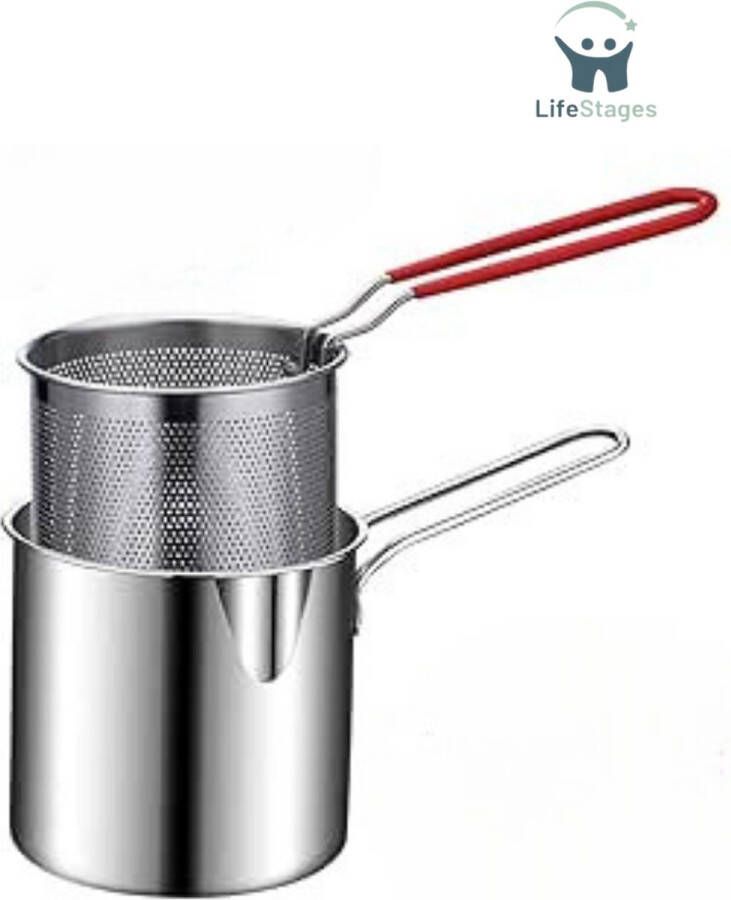 LifeStages Oliebollenpan Roestvrijstalen Friteuse Pan met Zeefmand Friteuse Koekenpan voor Frituren Vis Garnalen Kip en Friet 4-delige Set Koekenpan + Zeef