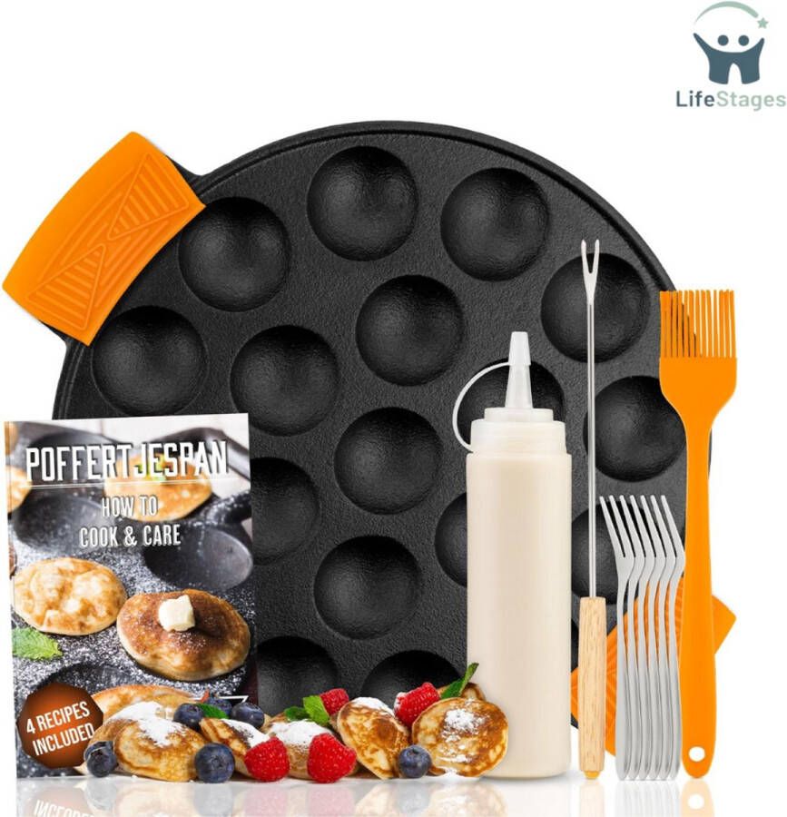 LifeStages Poffertjesmaker Poffertjespannenset Incl. Doseerfles Vork en 6 vorken Poffertjespan Inductie en Elektrisch Poffertjesmaker 19 Poffertjes Gietijzeren pan Poffertjes maken Spuitfles