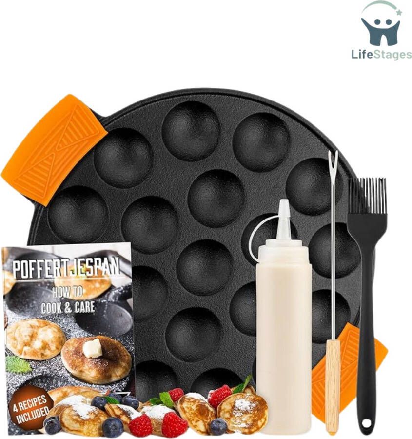 LifeStages Poffertjespan Electrisch Poffertjespan Set Incl. Doseerfles Kwast Keervork Poffertjespan Inductie en Electrisch Poffertjesmaker 19 Poffertjes Gietijzeren Pan Poffertjes Maken Spuitfles Zwart