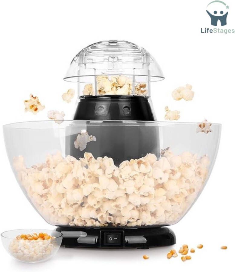 LifeStages Popcornmakers Gezonde Olie-vrije Popcorn – Gezond met Weinig Calorieën – Wordt geleverd met Maatbeker en geïntegreerde Serveerkom – 1200W Zwart