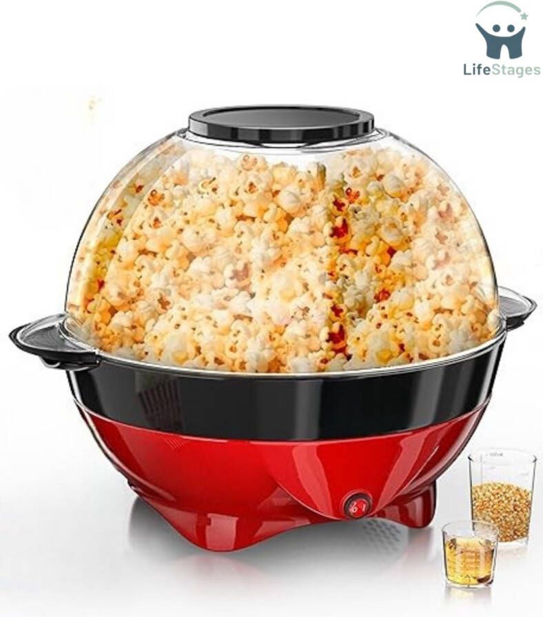 LifeStages Popcornmakers Popcornmaker 5 Liter Met Deksel En Antiaanbaklaag Inclusief Uitneembare Bakplaat En Maatbeker 800Watt Rood