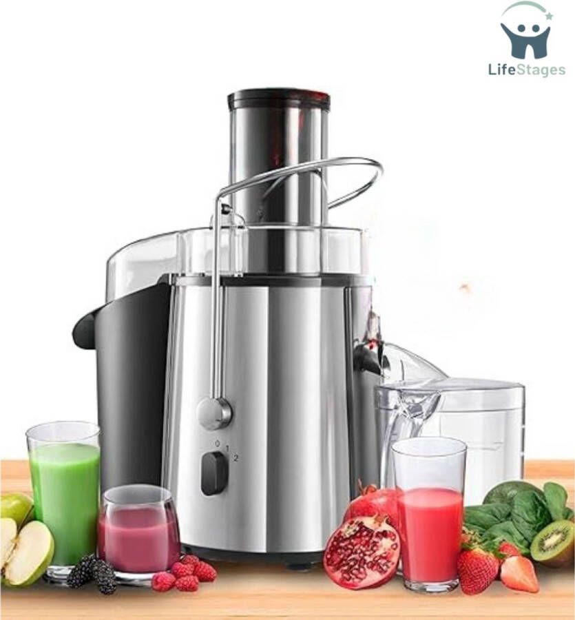 LifeStages Sapcentrifuges Groenten En Fruit Krachtig 850 W met 2 snelheden Centrifugaal Sapmachine Voor Sinaasappels En Citrusvruchten Brede Opening 75 MM Antislipbodem