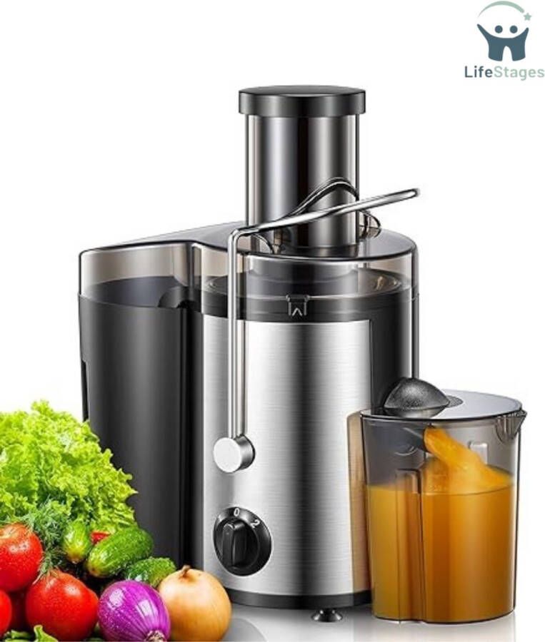 LifeStages Sapcentrifuges Groenten En Fruit Roestvrij Staal 500W Centrifugaaljuicer 2 Snelheden En 65 MM Invoeropening Gemakkelijk Schoon Te Maken Inclusief Reinigingsborstel Zilver