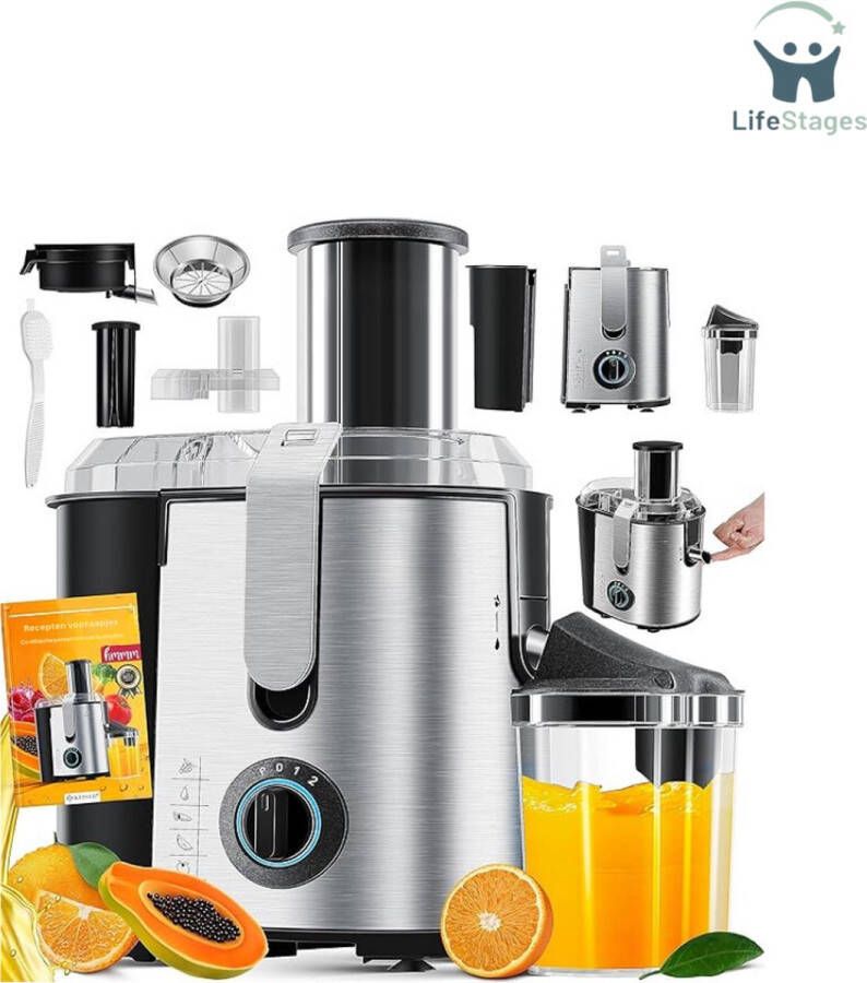 LifeStages Sapcentrifuges groenten en fruit Sapcentrifuge voor fruit en groenten gemaakt van roestvrij staal Grote invoeropening van 85 mm incl. reinigingsborstel en sapreservoir 3 snelheidsstanden 1100W Roestvrij Staal