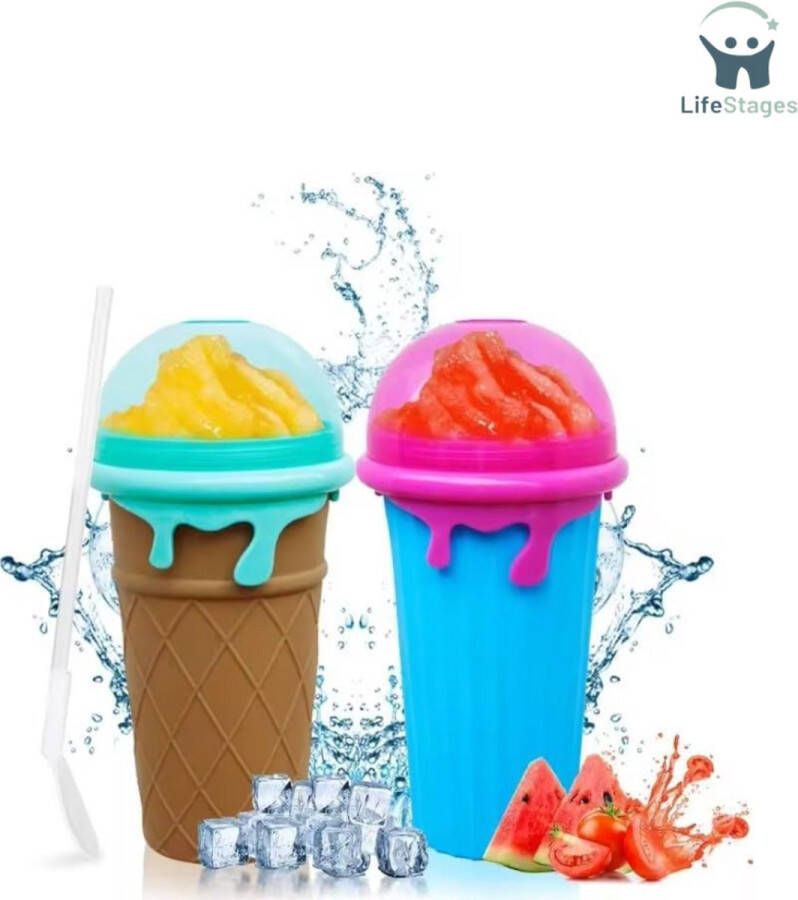 LifeStages Slush Puppy Maker Slushy Maker 2 Stuks 500 ML Blauw & Bruin Slush Puppy Maker Slushy Beker Ijsvormpjes Incl. Eetlepel En Rietje Slush Puppy Machine Voor Thuis Slush Maker Beker