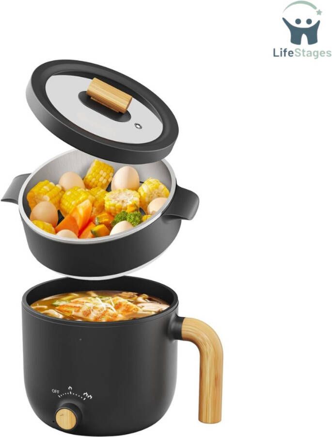 LifeStages Soepmaker Elektrische Kookpot 1.5L Draagbare Mini Nonstick Multicooker Snelle Ramen Cooker Reis Elektrische Braadpan Met Dubbele Vermogensregeling Voor Biefstuk Soep Eieren Eten Zwart