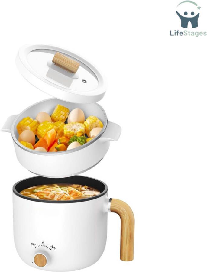 LifeStages Soepmaker Elektrische Kookpot Met Stoompan 1.5L Draagbare Minikoker Multifunctionele Elektrische Pan Met Antiaanbaklaag Voor Roerbakken Gerechten Stomen Perfect Voor Ramen Noedels Pasta Eieren Soep Havermout