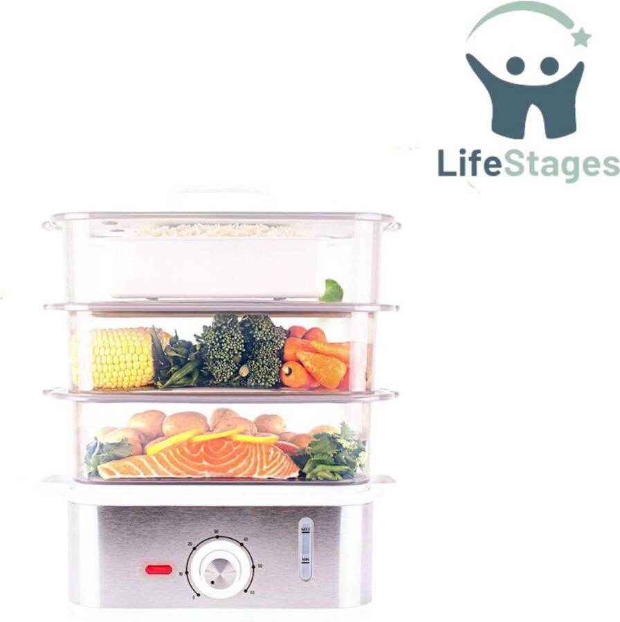 LifeStages Stoomkoker 10 6 L Stoomkoker BPA-Vrij Rijstkoker Timer Behoudt tot 90% van de Voedingsstoffen 870 W Vermogen