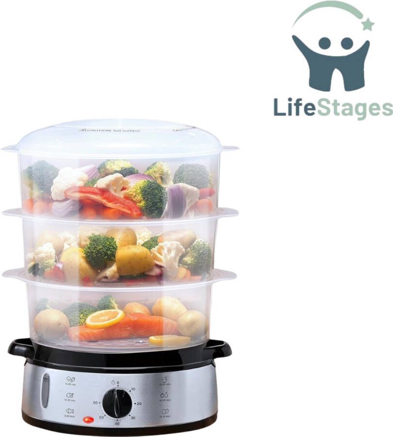 LifeStages Stoomkoker 9 Liter Stoomkoker 3-Laags Stoomkoker BPA-Vrij Vaatwasmachinebestendig 0 tot 60 Minuten 230V 800W