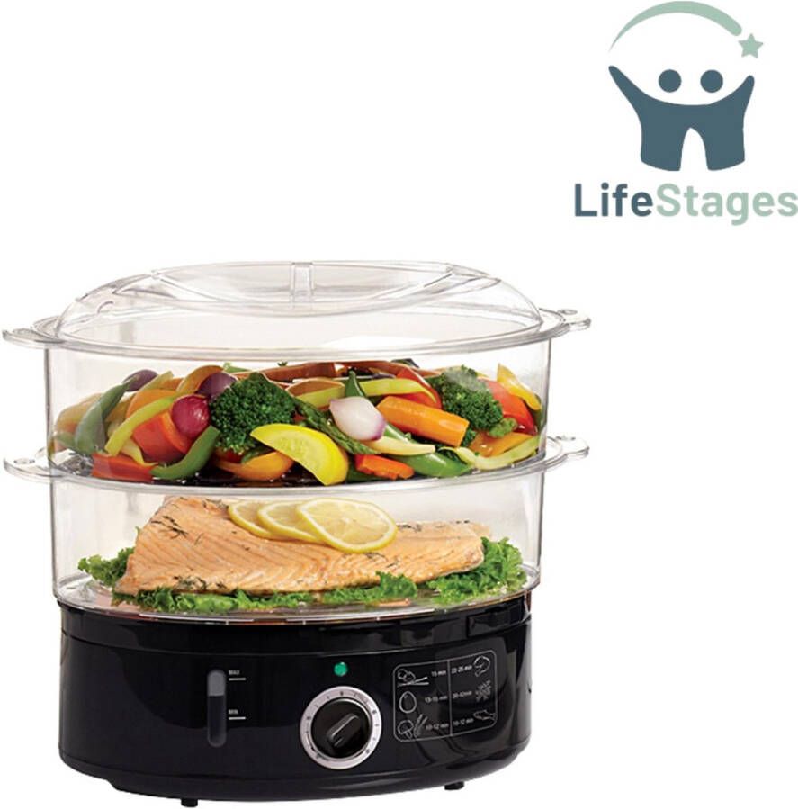 LifeStages Stoomkoker Tweelaags Stoompan Stapelbare Mandjes en Verwijderbare Bodem voor Snel en Gelijktijdig Koken Automatische Uitschakeling en Droogkookbeveiliging 7 Liter