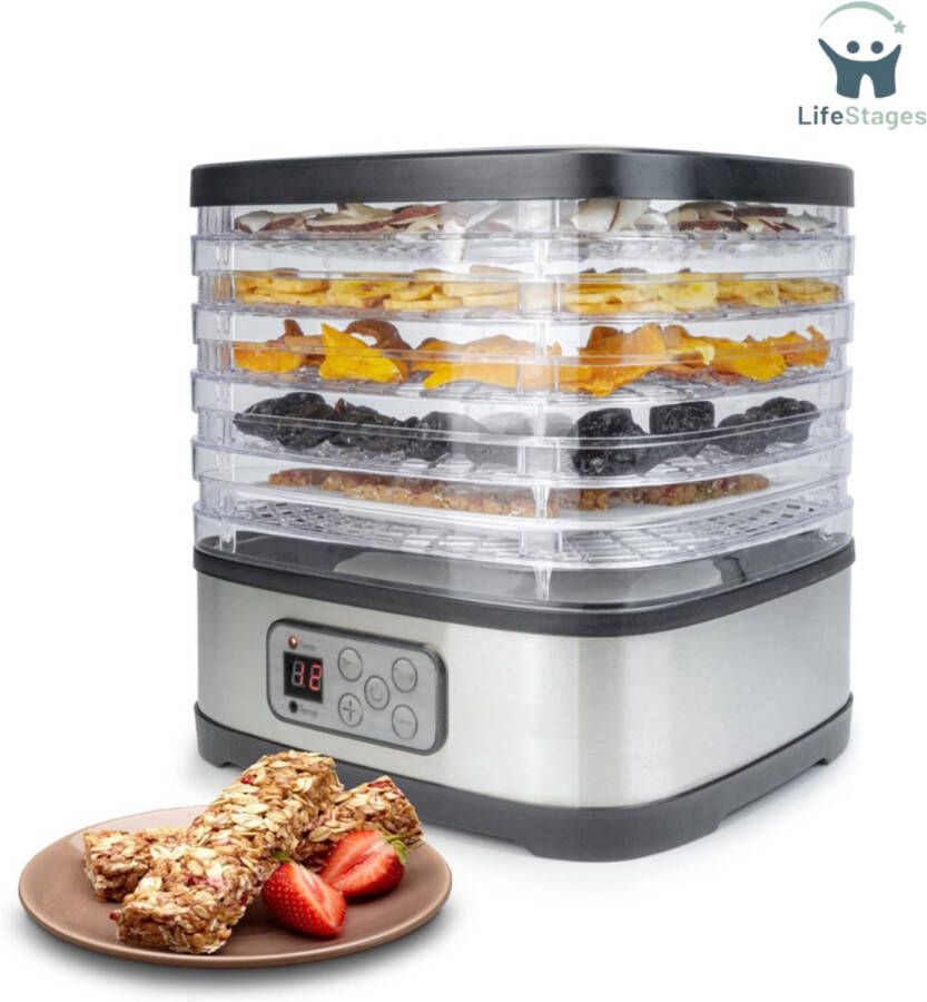 LifeStages Voedseldroger Automatische Dehydrator Met Mueslireepvorm 5 Inzetstukken Drogen Fruit Vlees Vis Kruiden Timer 8-72 Uur Siliconen Vorm Voor Mueslirepen BPA-Vrij LED-Display Zwart Roestvrij Staal