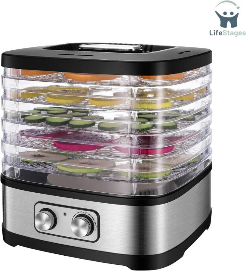 LifeStages Voedseldroger Met 5 In Hoogte Verstelbare Tabletten Temperatuurregeling Van 35-70°C 240 Watt Droogapparaat Voor Fruit En Groenten BPA-Vrij