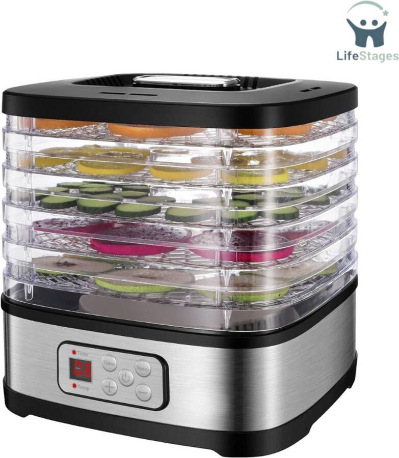 LifeStages Voedseldroger Met LED-Display Temperatuurregeling 35-70°C En Timer Voor 72 Uur 5 In Hoogte Verstelbare Plateaus Droogapparaat Voor Fruit En Groenten 240 Watt BPA-Vrij