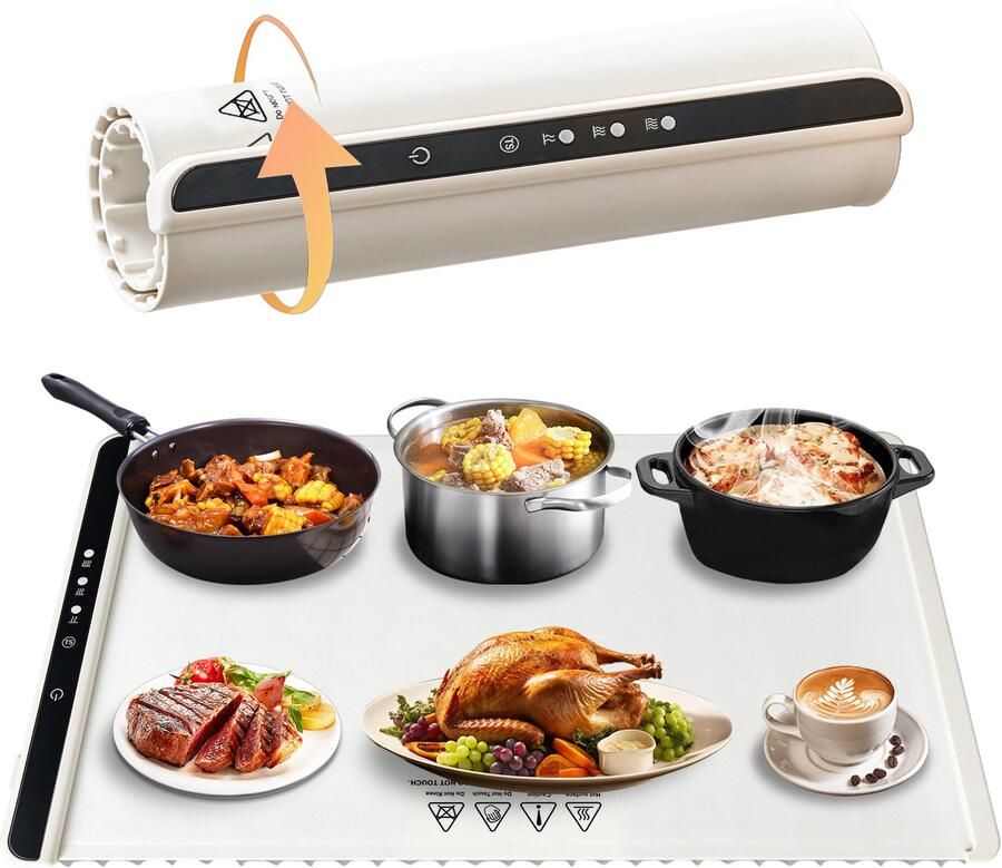 Lifhelpe Elektrische warmhoudmat voor eten 65 x 38 cm 6 warmtestanden timer en kinderslot inclusief hittebestendige onderlegger gebroken wit