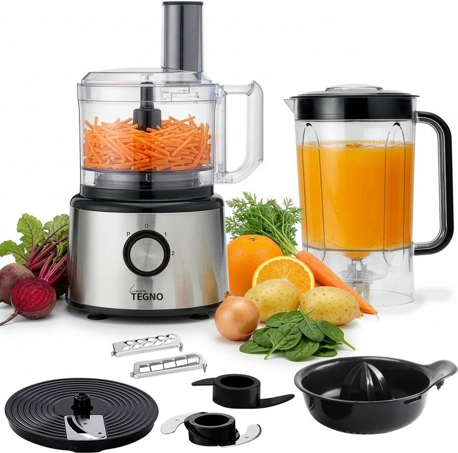 Linea Tegno Food Processor PRO-FP8001 5-in-1 RVS keukenmachine: blender hakmolen groentesnijder citruspers en mixer in één. Voor groenten fruit noten soepen deegsoorten. 2 3L kom Sinaasappels persen. 2 7L blender voor smoothies & shakes