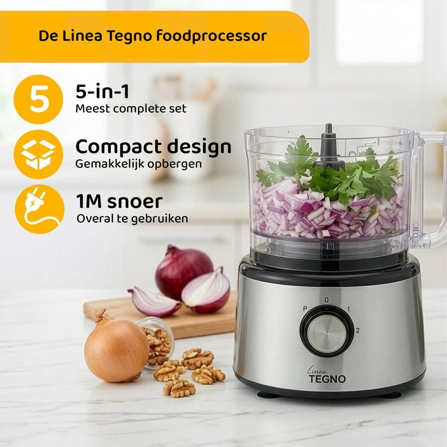 Linea Tegno Food Processor PRO-FP8001 5-in-1 RVS keukenmachine: blender hakmolen groentesnijder citruspers en mixer in één. Voor groenten fruit noten soepen deegsoorten. 2 3L kom Sinaasappels persen. 2 7L blender voor smoothies & shakes