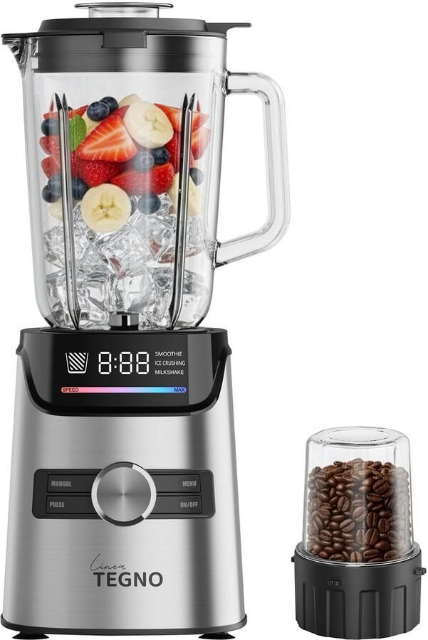 Linea Tegno Power Blender PRO-BL2030 Professionele Smoothies & Shakes maker 1400W 1.7L Glazen beker LED-kleurendisplay- met extra 250ML koffiemaler Krachtig stil en eenvoudig reinigen